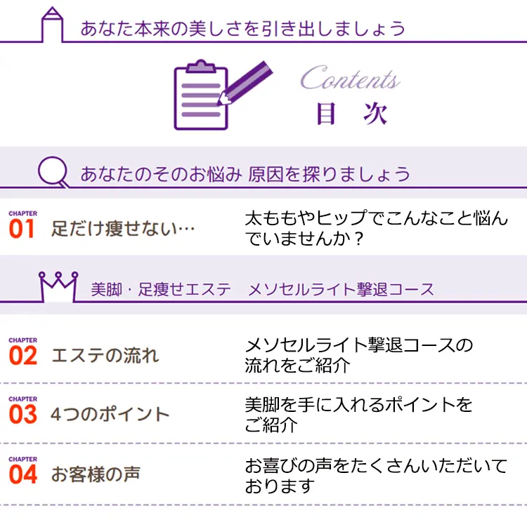 あなた本来の美しさを引き出しましょう Contents 目次 あなたのそのお悩み 原因を探りましょう CHAPTER01 足だけ痩せない…太ももやヒップでこんなこと悩んでいませんか? 美脚·足瘦せエステ メソセルライト撃退コース CHAPTER02 エステの流れ メソセルライト撃退コースの流れをご紹介 CHAPTER03 4つのポイント 美脚を手に入れるポイントをご紹介 CHAPTER04 お客様の声 お喜びの声をたくさんいただいております