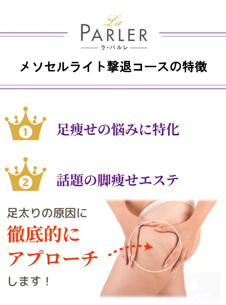 メソセルライト撃退コースの特徴 1,足瘦せの悩みに特化 2,話題の脚瘦せエステ 足太りの原因に徹底的にアプローチします!