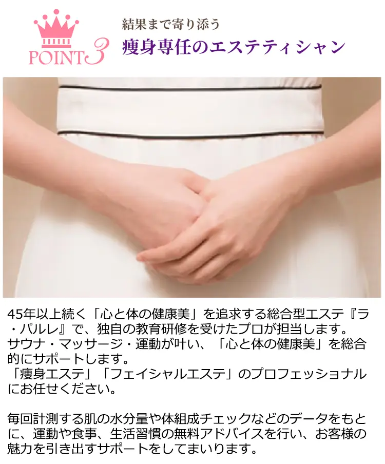 POINT3 結果まで寄り添う瘦身専任のエステティシャン 45年以上続「心と体の健康美」を追求する総合型エステ『ラ·パルレ』で、独自の教育研修を受けたプロが担当します。サウナ·マッサージ·運動が叶い、「心と体の健康美」を総合的にサポートします。「瘦身エステ」「フェイシャルエステ」のプロフェッショナルにお任せください。毎回計測する肌の水分量や体組成チェックなどのデータをもとに、運動や食事、生活習慣の無料アドバイスを行い、お客様の魅力を引き出すサポートをしてまいります。
