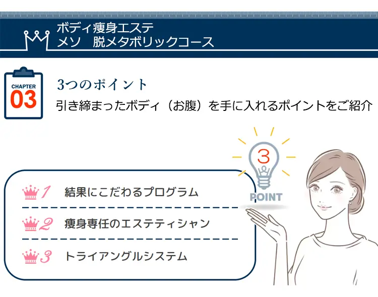 ボディ瘦身エステメソ 脱メタボリックコース CHAPTER03 3つのポイント引き締まったボディ(お腹)を手に入れるポイントをご紹介 1,結果にこだわるプログラム 2,痩身専任のエステティシャン 3,トライアングルシステム