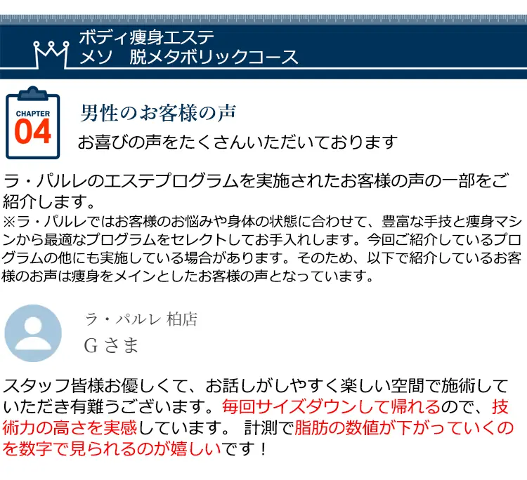 ボディ瘦身エステ メソ脱メタボリックコース CHAPTER04 男性のお客様の声お喜びの声をたくさんいただいております ラ·パルレのエステプログラムを実施されたお客様の声の一部をご紹介します。※ラ·パルレではお客様のお悩みや身体の状態に合わせて、豊富な手技と瘦身マシンから最適なプログラムをセレクトしてお手入れします。今回ご紹介しているプログラムの他にも実施している場合があります。そのため、以下で紹介しているお客様のお声は痩身をメインとしたお客様の声となっています。 ラ·パルレ 柏店 Gさま スタッフ皆様お優しくて、お話しがしやすく楽しい空間で施術していただき有難うございます。毎回サイズダウンして帰れるので、技術力の高さを実感しています。計測で脂肪の数値が下がっていくのを数字で見られるのが嬉しいです!