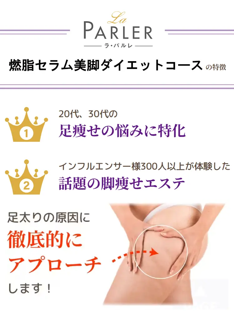 燃脂セラム美脚ダイエットコースの特徴 20代、30代の足瘦せの悩みに特化 1,インフルエンサー様300人以上が体験した話題の脚瘦せエステ 2,足太りの原因に徹底的にアプローチします!