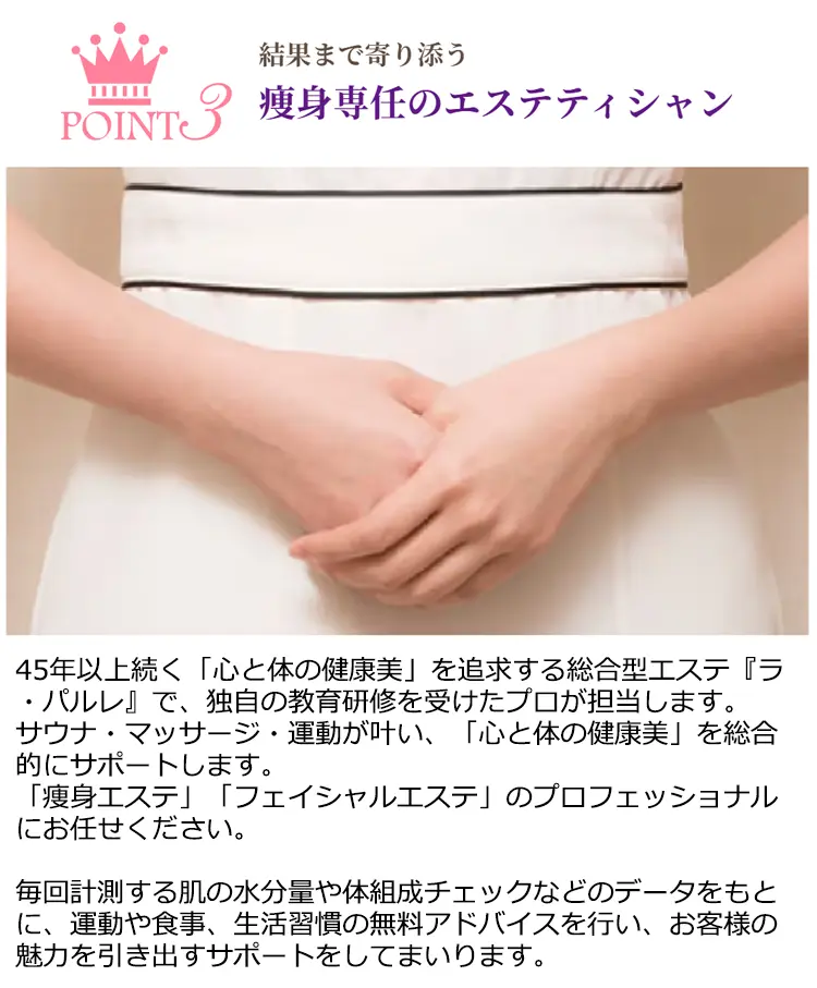 POINT3 結果まで寄り添う 瘦身専任のエステティシャン 45年以上続く「心と体の康美」を追求する総合型エステ『ラ·パルレ』で、独自の教育研修を受けたプロが担当します。サウナ·マッサージ·運動が叶い、「心と体の健康美」を総合的にサポートします。「痩身エステ」「フェイシャルエステ」のプロフェッショナルにお任せください。毎回計測する肌の水分量や体組成チェックなどのデータをもとに、運動や食事、生活習慣の無料アドバイスを行い、お客様の魅力を引き出すサポートをしてまいります。