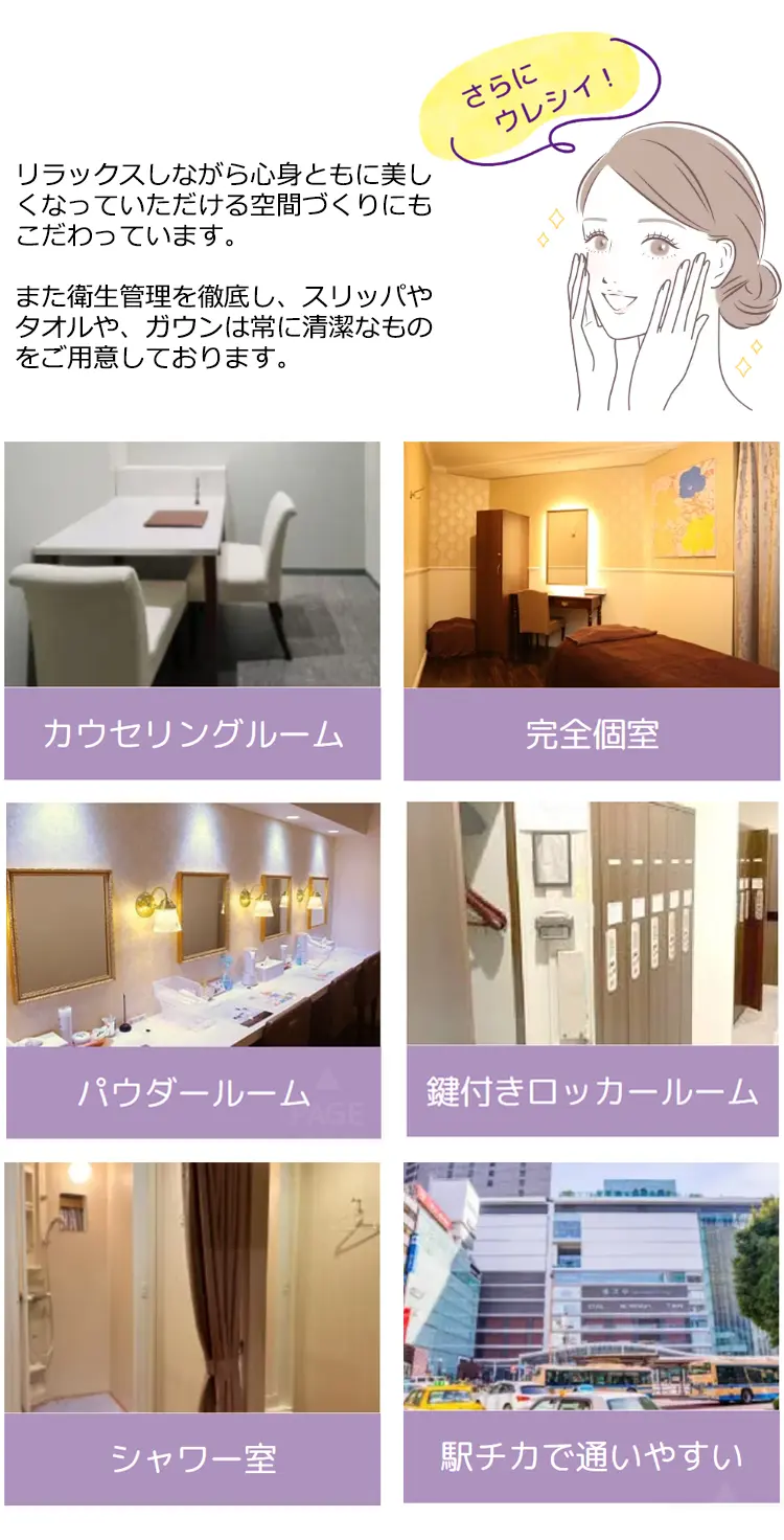 さらにウレシイ!リラックスしながら心身ともに美しくなっていただける空間づくりにもこだわっています。また衛生管理を徹底し、スリッパやタオルや、ガウンは常に清潔なものをご用意しております。カウセリングルーム 完全個室 パウダールーム 鍵付きロッカールーム シャワー室 駅チ力で通いやすい